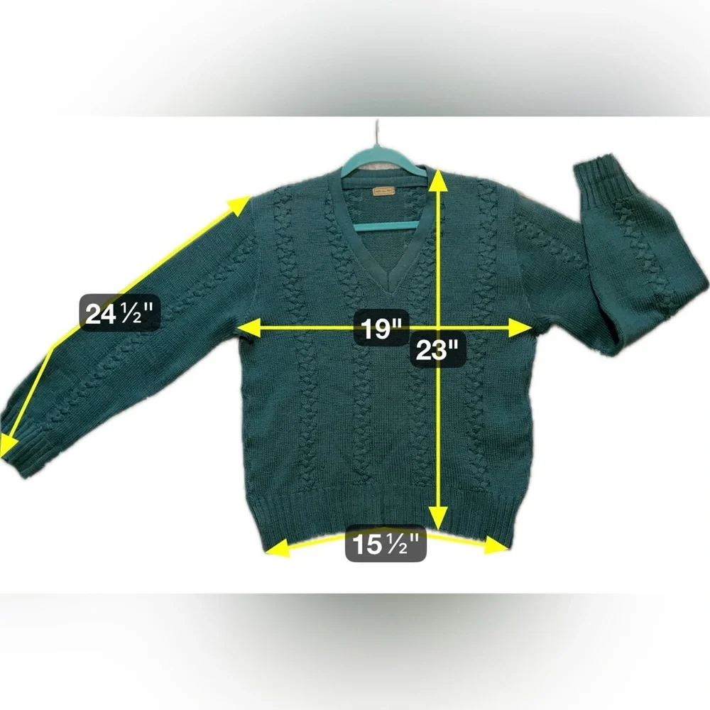 Forest Green Cable Knit Sweater 100% Wool Pullover Cozy Knit Preppy Medium - Picture 4 of 6